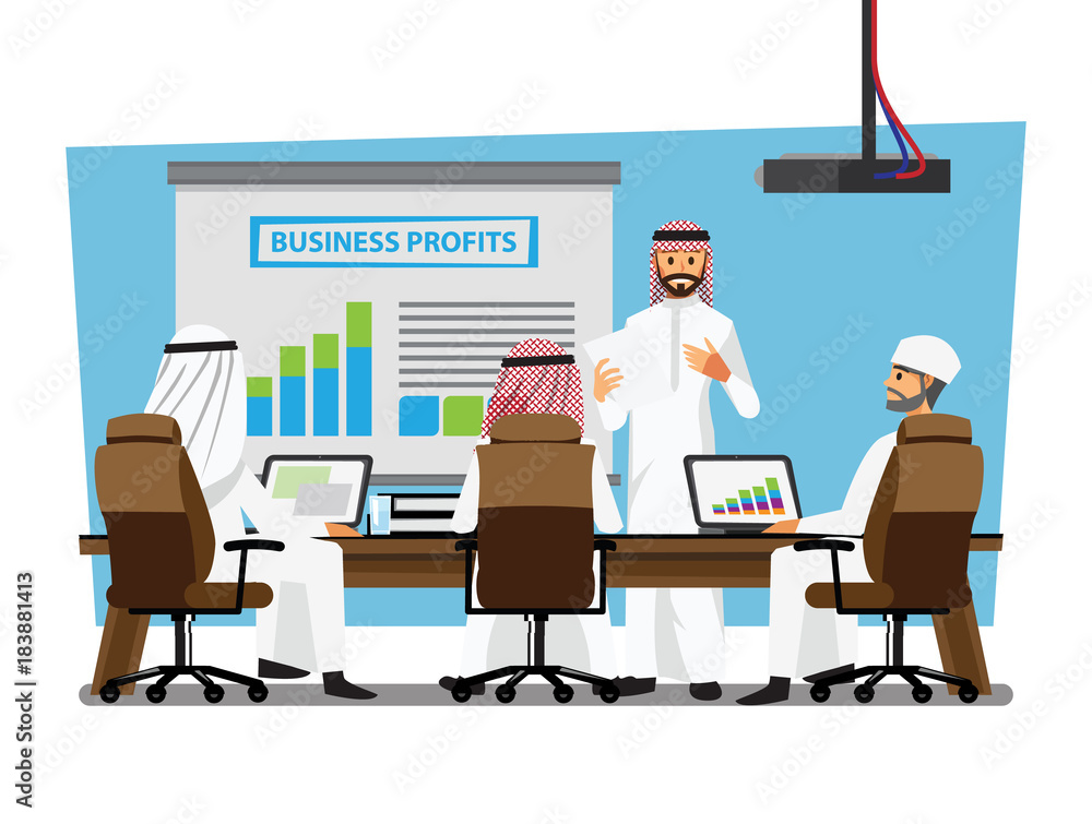 Arab businessman wearing traditional clothing Having Board Meeting,Vector illustration cartoon character Arab businessman wearing traditional clothing Having Board Meeting,Vector illustration cartoon character