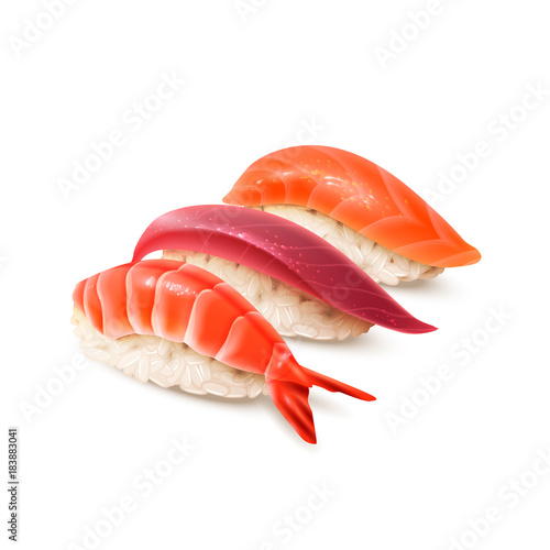 Realistic sushi set. Japanese cuisine, traditional food. Isolated on white vector illustration.