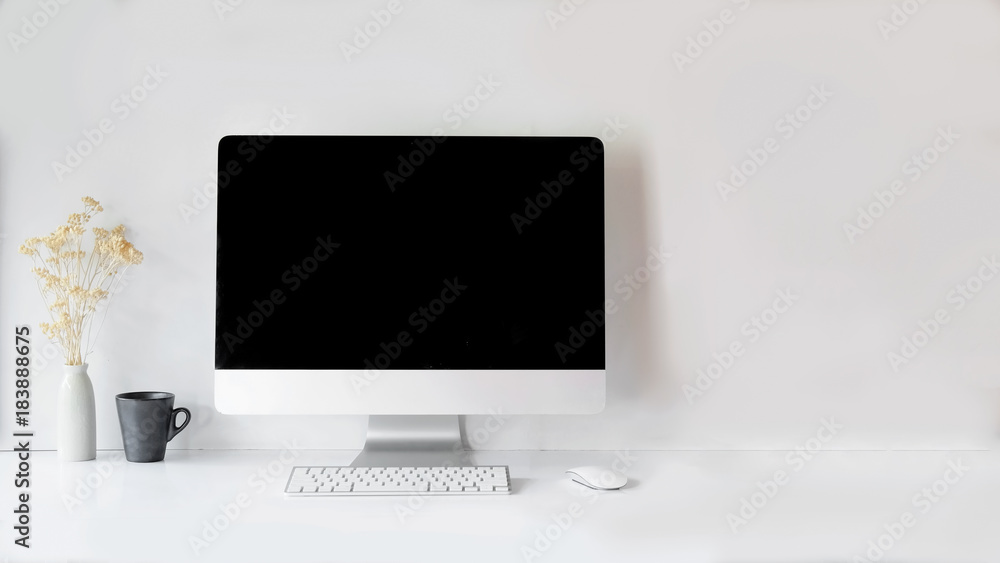 Modern clean workspace mockup with blank screen desktop computer. Modern clean workspace mockup with blank screen desktop computer.