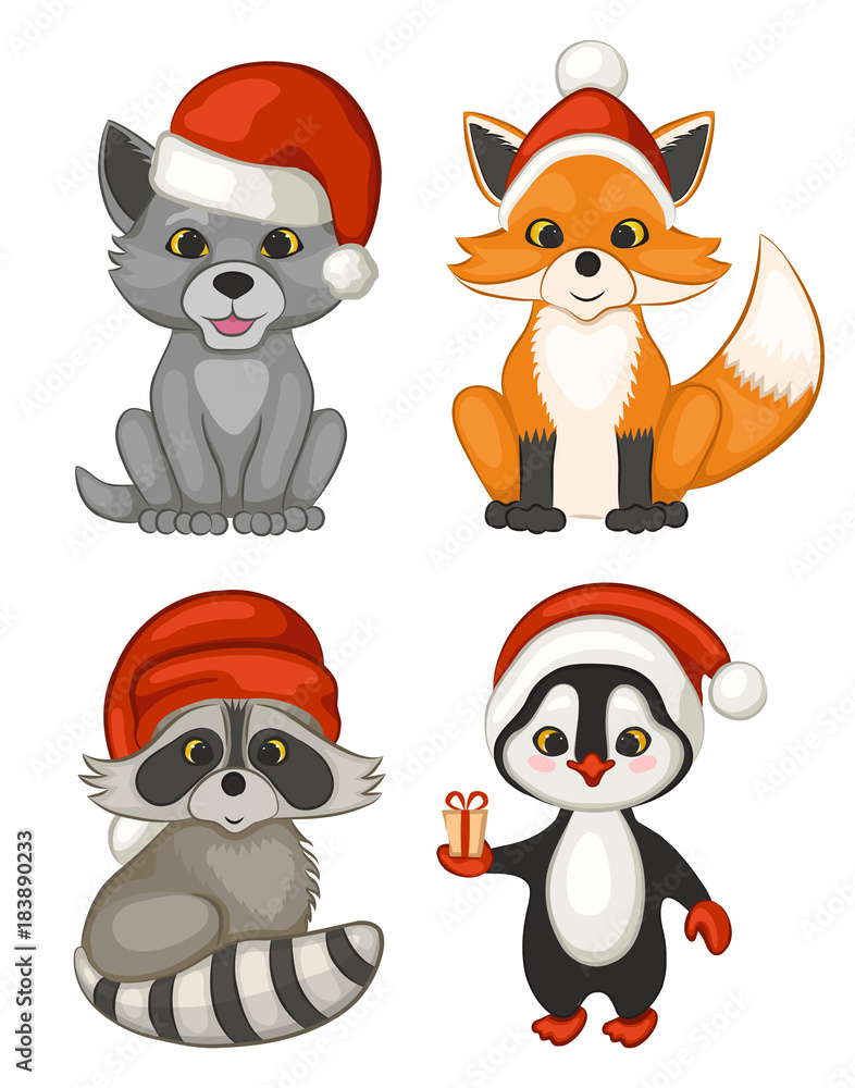 Set of animals in hats of Santa Claus. Cute wolf, Fox, raccoon, penguin  isolated on a white background. The cartoon style. Vector illustration.  Stock Vector | Adobe Stock