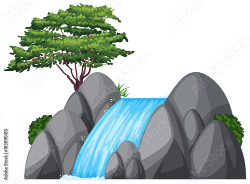 Fototapeta Waterfall and green tree on the rock