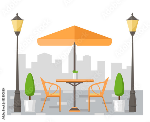БезыSummer street cafe. Table and chairs under the umbrella. Flat design. Vector illustration.мянный-4