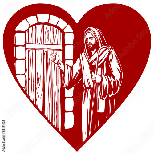 Jesus Christ, Son of God knocking at the door, symbol of Christianity hand drawn vector illustration sketch.