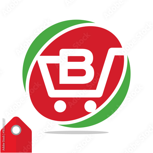 Logo icon for shopping business, illustrated in circle logo with the visual concept of shopping cart and the initials name, letter B