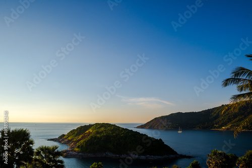 Koh Keaw Yai Island view from Leam PromThep Cape and Sea with yacht in Phuket, Amazing Thailand