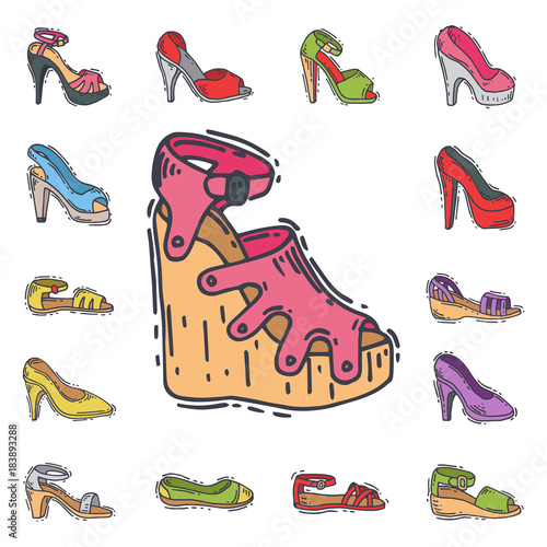 Set of womens shoes flat design vector hand drawn style of leather colored moccasins heel shoe illustration.