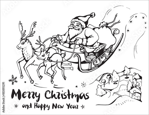 Vector image of Santa Claus in a sleigh pulled by large and small reindeer in landscape with houses and trees. Merry Christmas and Happy New Year.