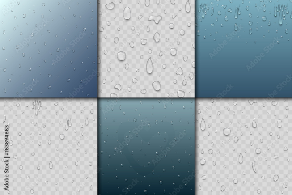 Realistic vector water drops liquid transparent raindrop splash background illustration