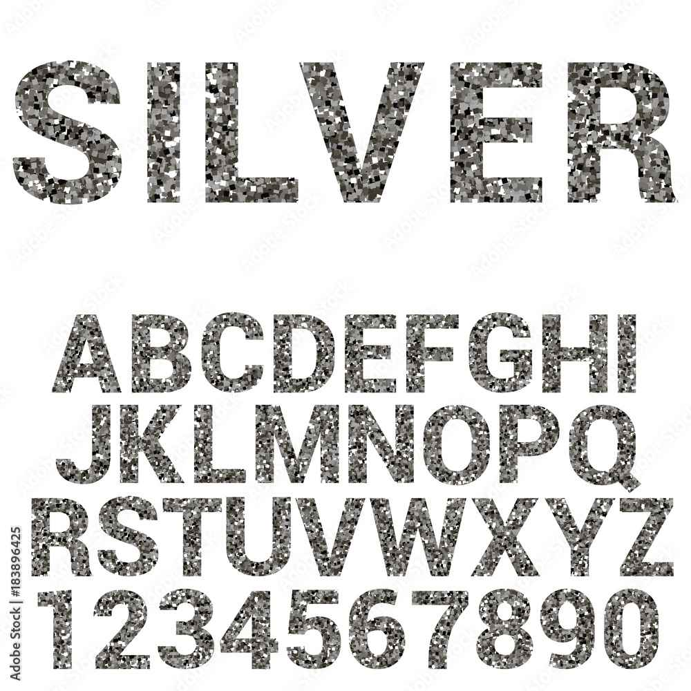 Vector silver alphabet. font with  glitter.