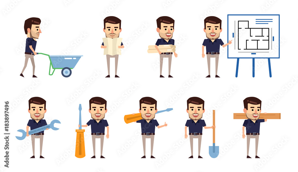 Set of stylish businessman characters posing with construction tools. Cheerful man pointing to construction plan, holding screwdriver, shovel and showing other actions. Flat vector illustration
