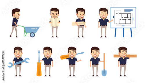 Set of stylish businessman characters posing with construction tools. Cheerful man pointing to construction plan, holding screwdriver, shovel and showing other actions. Flat vector illustration