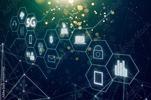 5G network wireless systems and internet of things with abstract bokeh and dot connection background .