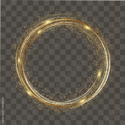 Abstract round glowing lights and gold sparkles on transparent background. Vector