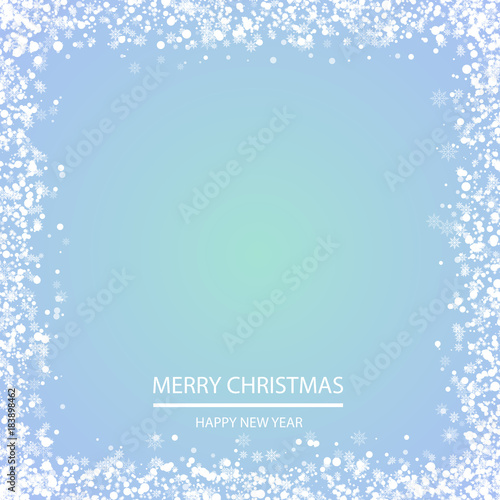 Christmas frame with snow flakes on blue background. Vector