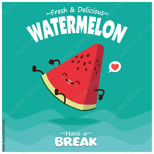 Vintage fruit poster design with vector watermelon character.