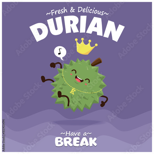 Vintage fruit poster design with vector durian character.