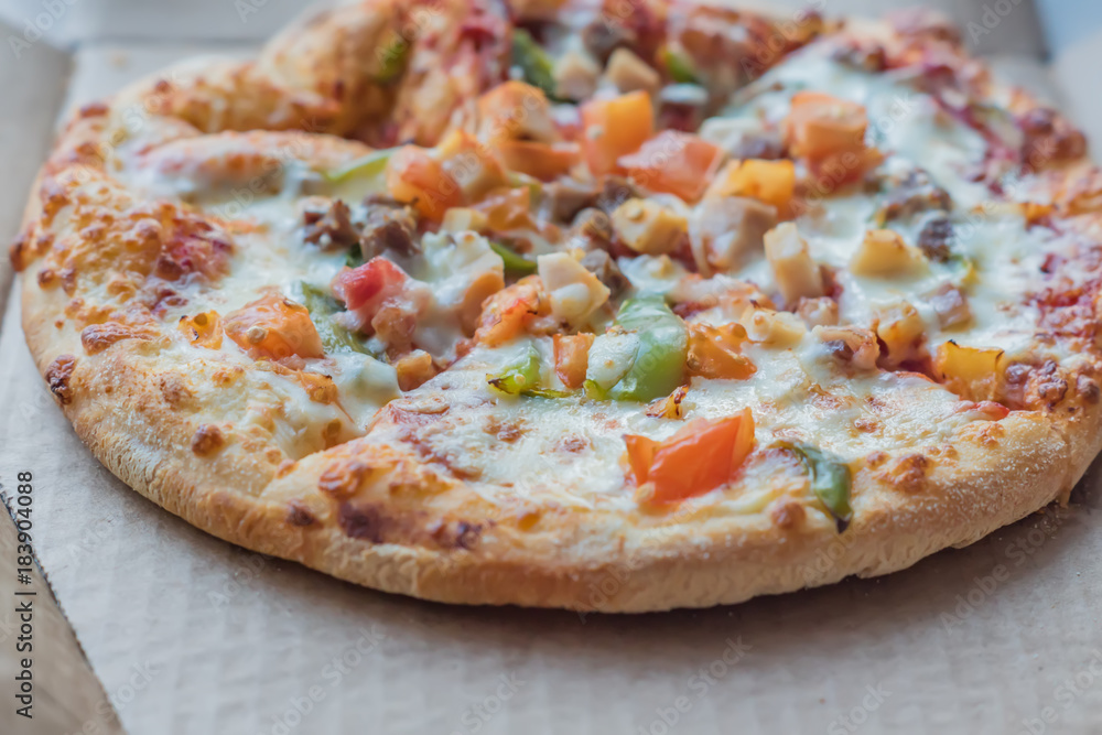 closeup of Pizza in a cardboard box , pizza delivery closeup of Pizza in a cardboard box , pizza delivery
