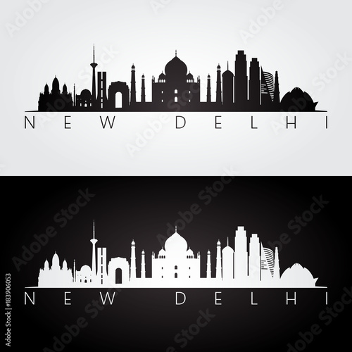 New Delhi skyline and landmarks silhouette, black and white design, vector illustration.