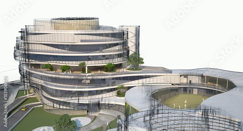 Abstract architecture wireframe on a white background, 3d render of building