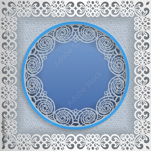 Round white frame in an square frame with lace edges and a abstract background inside. Template for wedding and other congratulations. In the middle there is space for text, pictures, photos. Vector.
