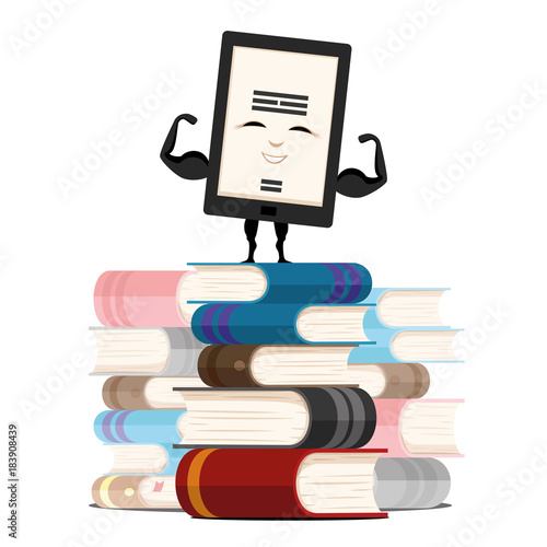 Electronic book and pile of books.