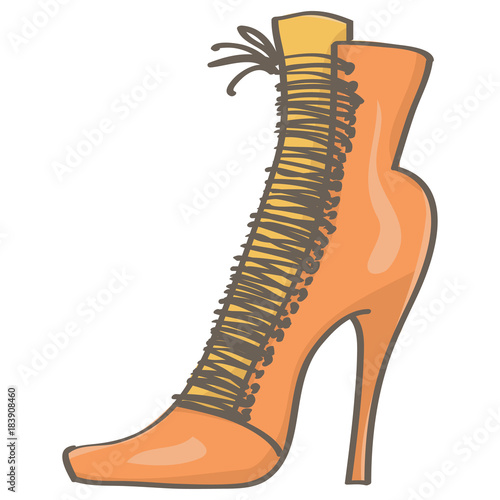 Stylish orange female boot, isolated vector drawing on white background