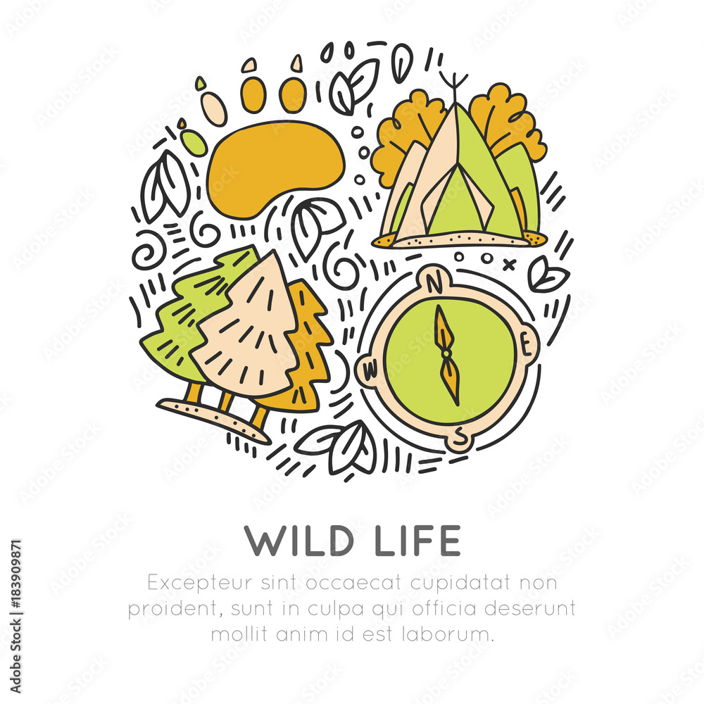 Travel icon concept about hikking, forest adventure, wild life. Bear trail, tent, trees and compass with decoration in circle form. Hand draw vector trekking illustration, adventures and traveling
