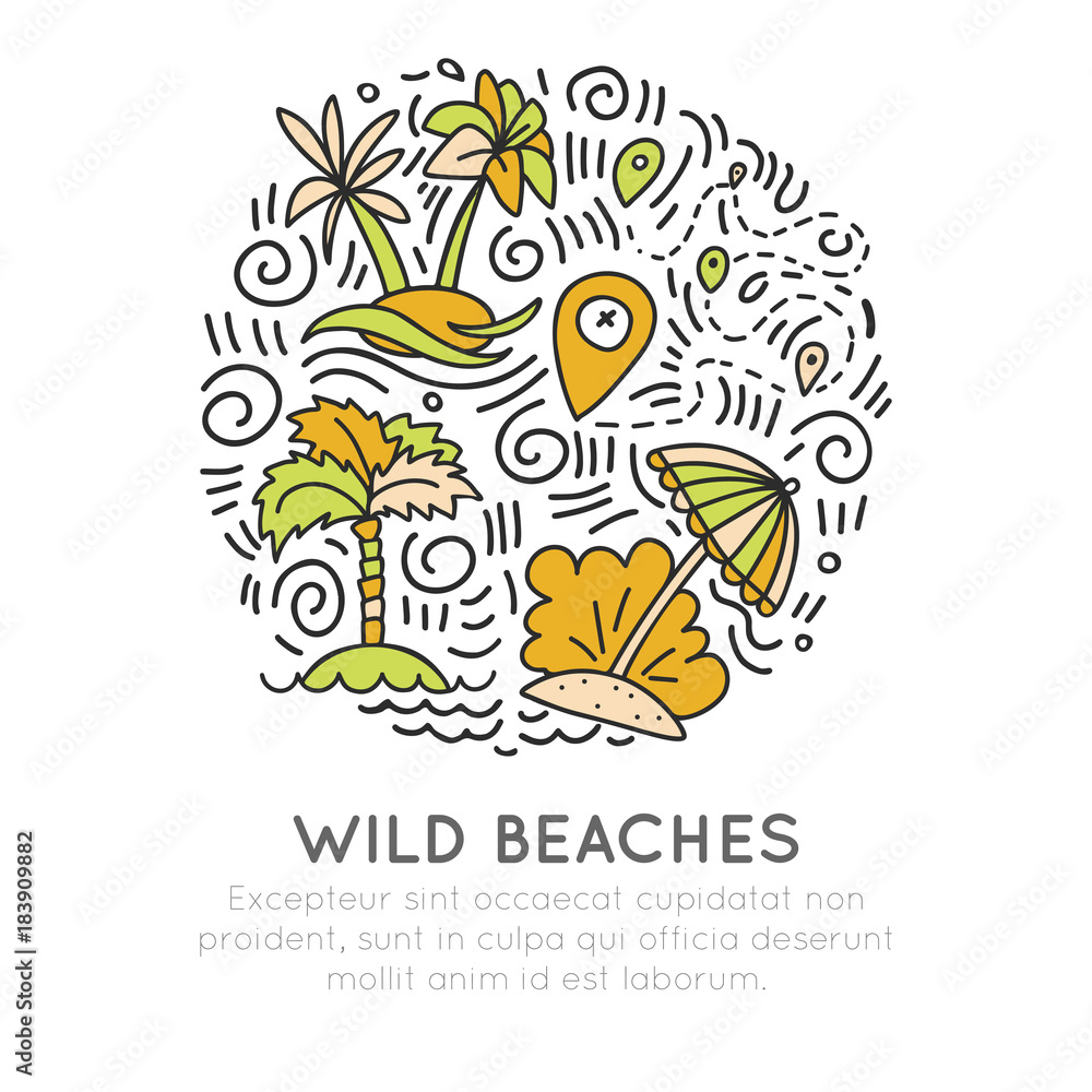 Tropical wild beach - icon hand draw concept in round forms. Unplugged vacation icons, far from civilization tropical vacation. Palms, sea waves, gps tracker with circle decoration