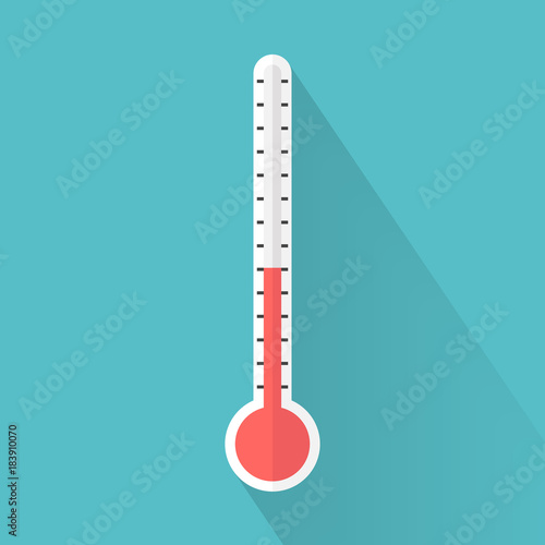 Medical thermometer icon with long shadow. Flat design style. Medical thermometer silhouette. Simple icon. Modern flat icon in stylish colors. Web site page and mobile app design element.