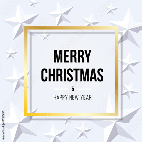 Merry Christmas and Happy New Year typography inside goldenframe over flat lay with white stars. Vector illustration usable for banners, greeting cards, gifts and backgrounds.