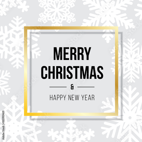 Merry Christmas and Happy New Year typography inside golden frame over flat lay with snowflakes. Vector illustration usable for banners, greeting cards, gifts and backgrounds.
