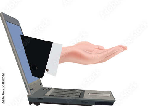 tecnologia computer con mano che esce dal video