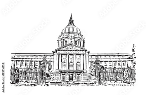 Canvas-taulu Sketch of San Francisco City Hall, California, USA in vector illustration
