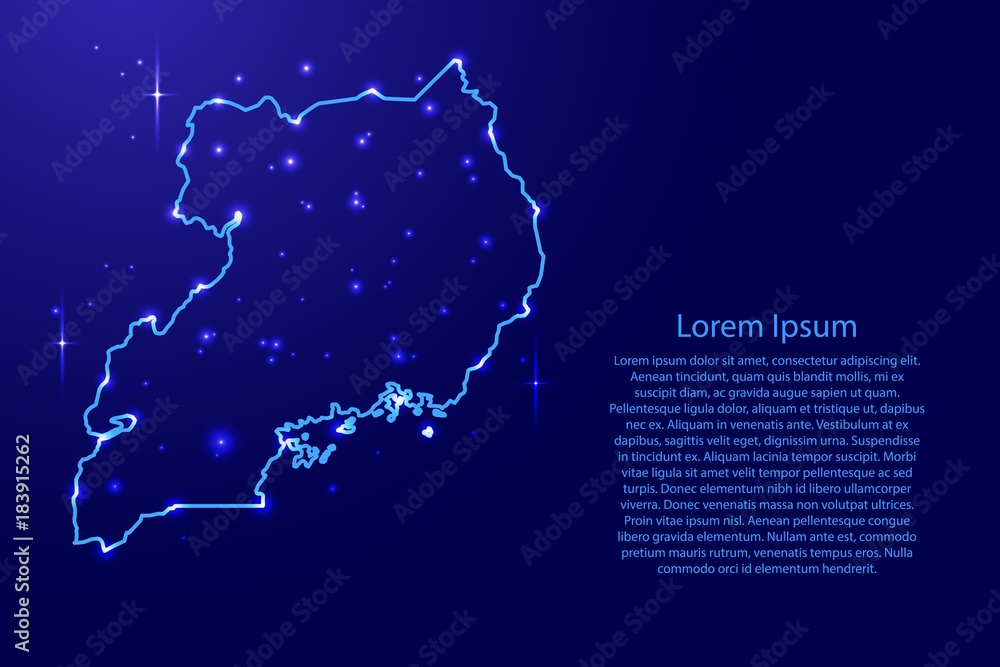 Map Uganda from the contours network blue, luminous space stars for banner, poster, greeting card, of vector illustration