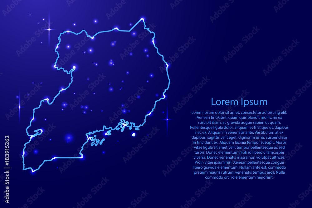 Map Uganda from the contours network blue, luminous space stars for banner, poster, greeting card, of vector illustration Map Uganda from the contours network blue, luminous space stars for banner, poster, greeting card, of vector illustration