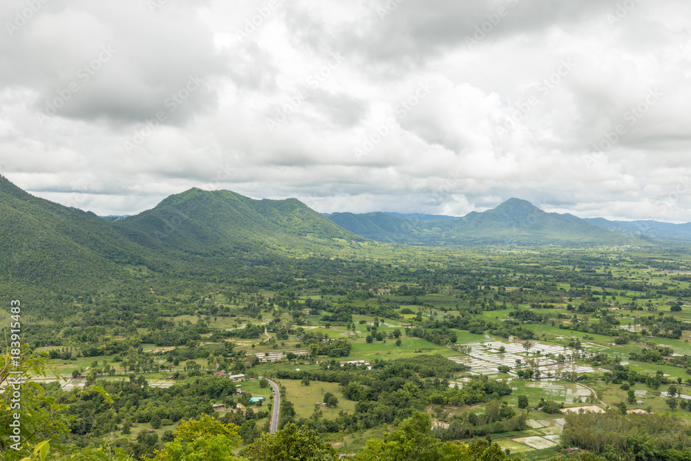 Naklejka premium Top mountain of Phu Thok at Chiang Khan District, Loei. In the cool season, people head to nearby Phu Thok mountain for sunrise and sea of fog views.
