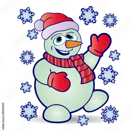Christmas cheerful snowman in hat and mittens  and around fly snowflakes  cartoon on white background 