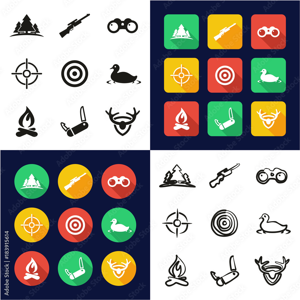 Hunting All in One Icons Black & White Color Flat Design Freehand Set