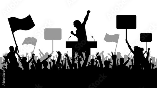 Crowd of people demonstrating silhouette. Oratory art, politics.