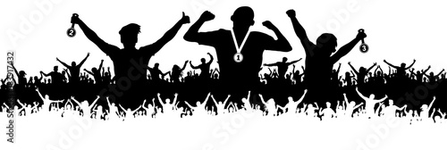 Crowd of sports fans silhouette. Ceremonies of awarding medals. Vector banner