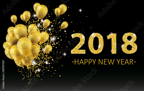 Golden Happy New Year Balloons 2018 Particles Confetti Black Background