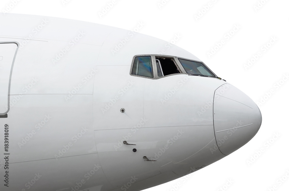 Close up isolated large passenger airplane nose.