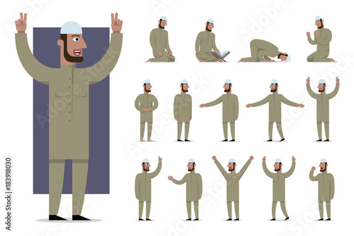 Set of traditionally clothed muslim character poses and emotions. Cartoon style, islam dress code.
