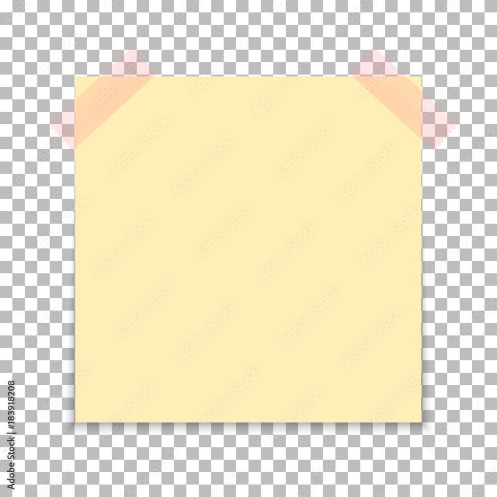 Yellow sheet of note paper with adhesive tape on a transparent background. Vector illustration