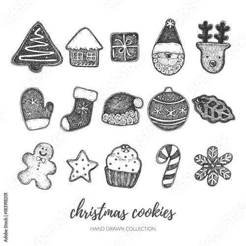 Set of christmas cookies. Hand drawn vintage black and white elements. Isolated vector items.