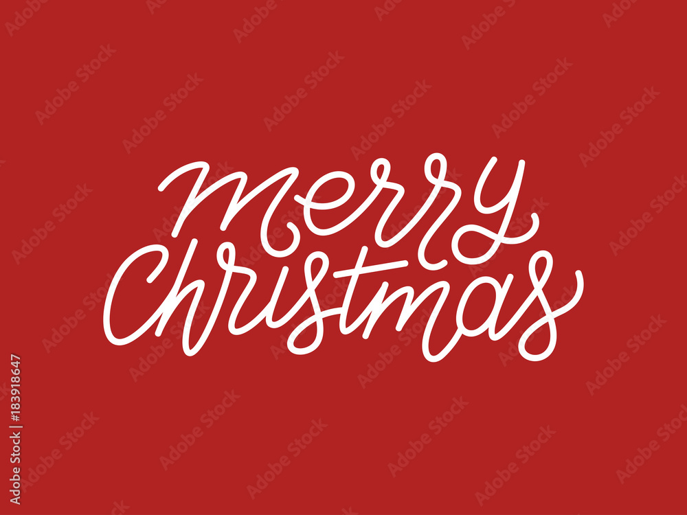 Merry Christmas calligraphic line art style lettering quote on red background. Gift card design with wishes for winter holiday. Vector modern typography