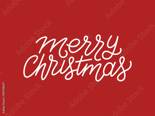 Merry Christmas calligraphic line art style lettering quote on red background. Gift card design with wishes for winter holiday. Vector modern typography