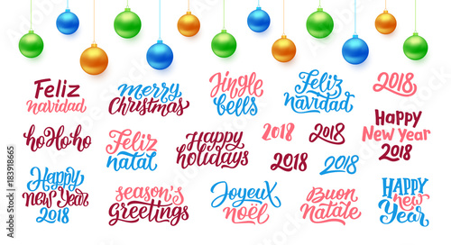 Merry Christmas and Happy New year 2018 typography quotes and wishes set for decoration. Isolated vector lettering text emblems with seasons greetings for cards and banners design for winter holidays