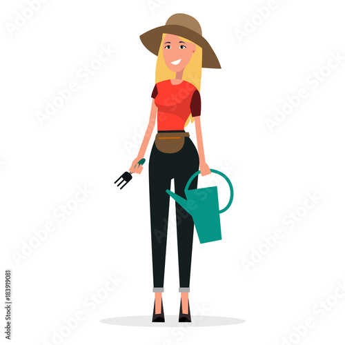 Woman Gardener with Watering Can and Scoop Vector