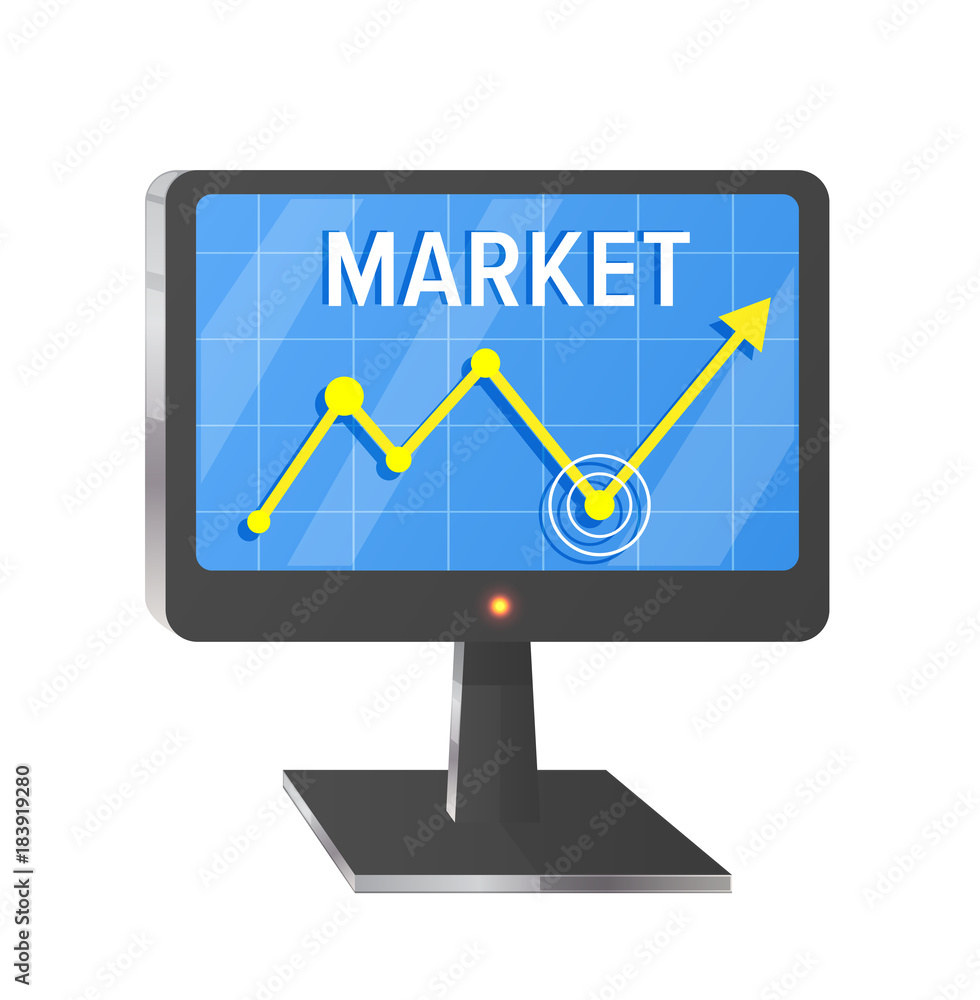 Market Illustration with Computer Screen on White Market Illustration with Computer Screen on White